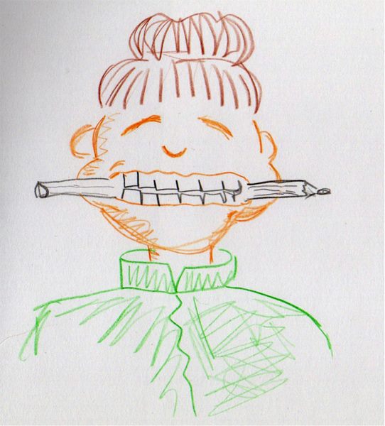 Dibujo de una persona sonriendo con un lápiz entre los dientes