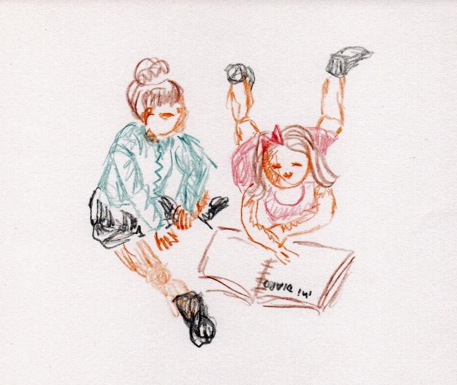 Dibujo de una mujer y una niña escribiendo juntas en un diario