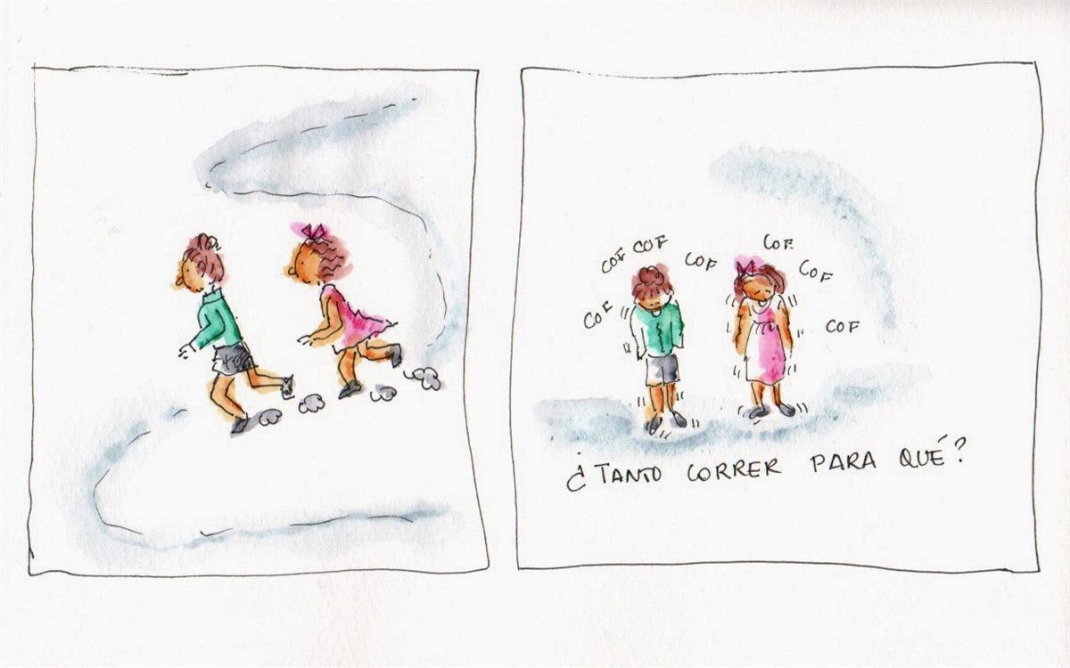 Drawing of two people running along a path; in the second panel they ask “why all this running?”