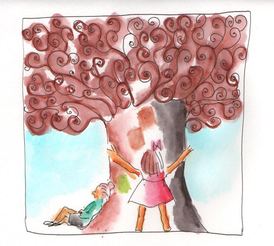 Acuarela de una niña abrazando el tronco de un gran árbol de hojas rojizas mientras otra persona descansa a su sombra