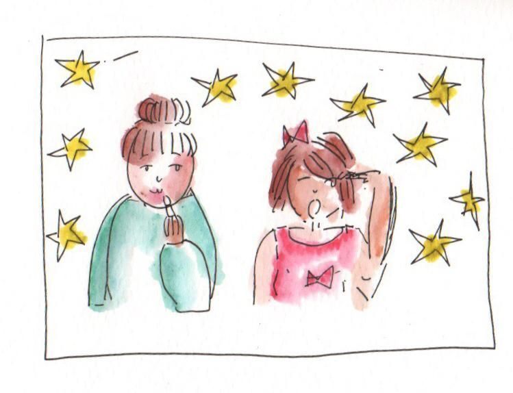 Drawing of two women surrounded by yellow stars, one putting on lipstick and the other perfume