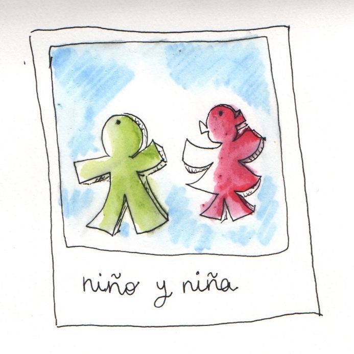 Acuarela de dos siluetas recortadas, una verde y otra roja, con el texto «niño y niña»